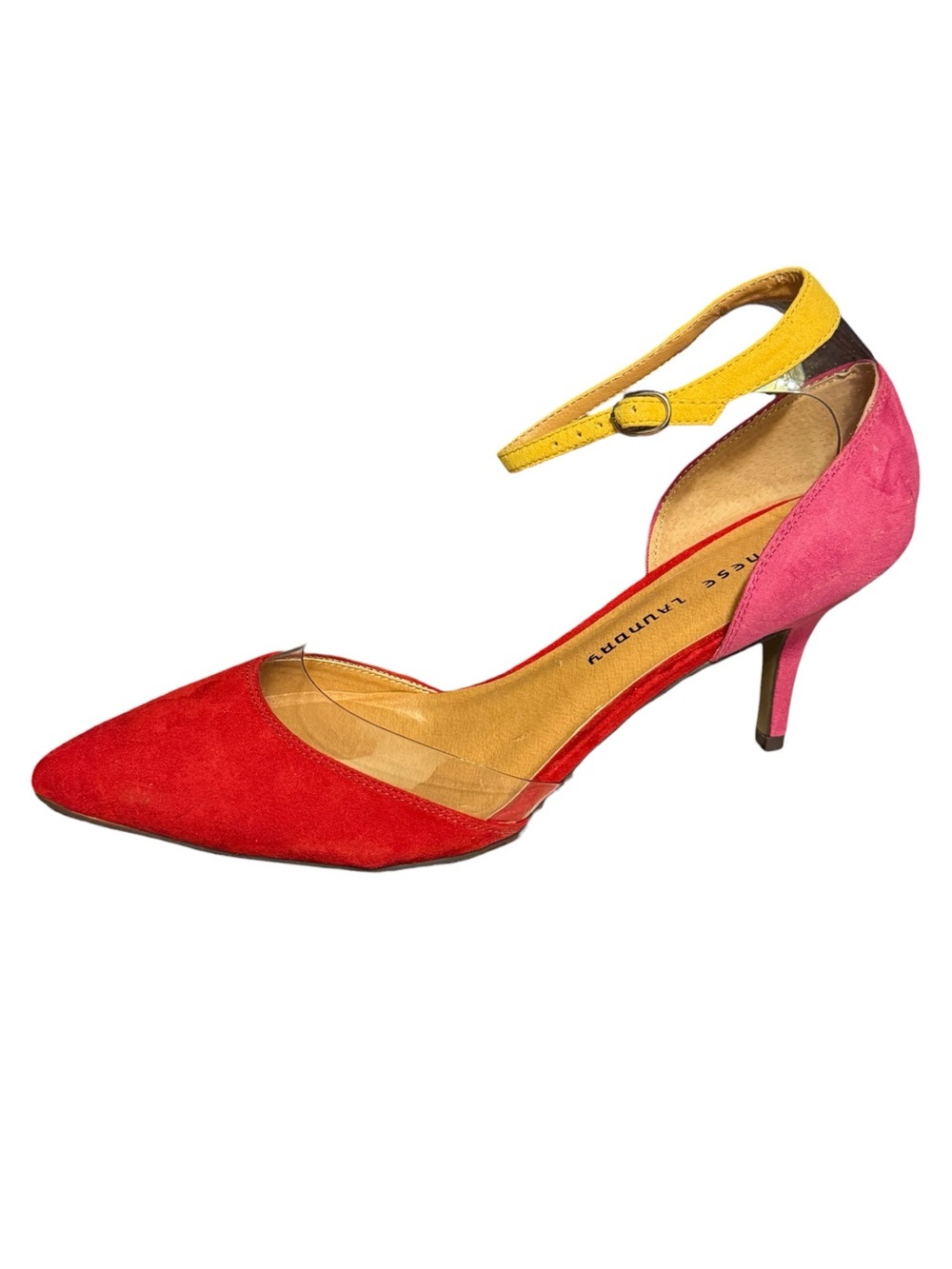 Chinese Laundry Colorblock Suede Clear D’Orsay Ankle Strap Heels